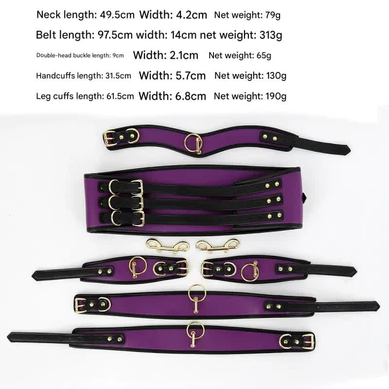 Adjustable PU Leather Bondage Restraint Set - Collar, Waist Belt, Hand & Leg Cuffs with Connectors(purple)