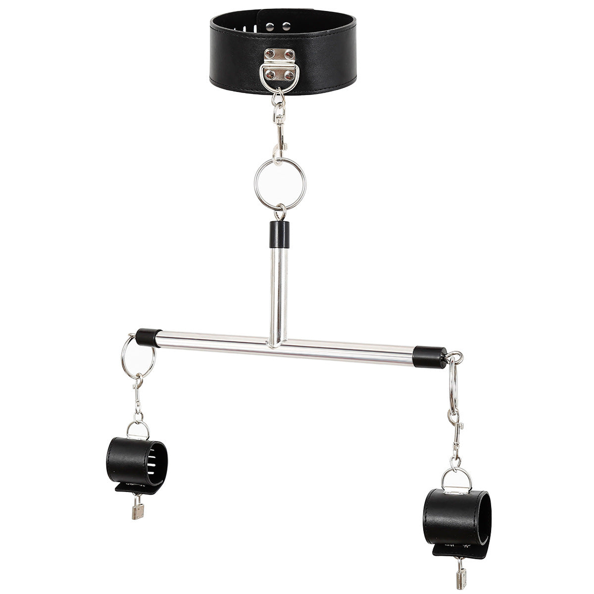 Adjustable PU Leather Collar & Locking Handcuff Spreader Bar Set - Adult Novelty Restraint(black)