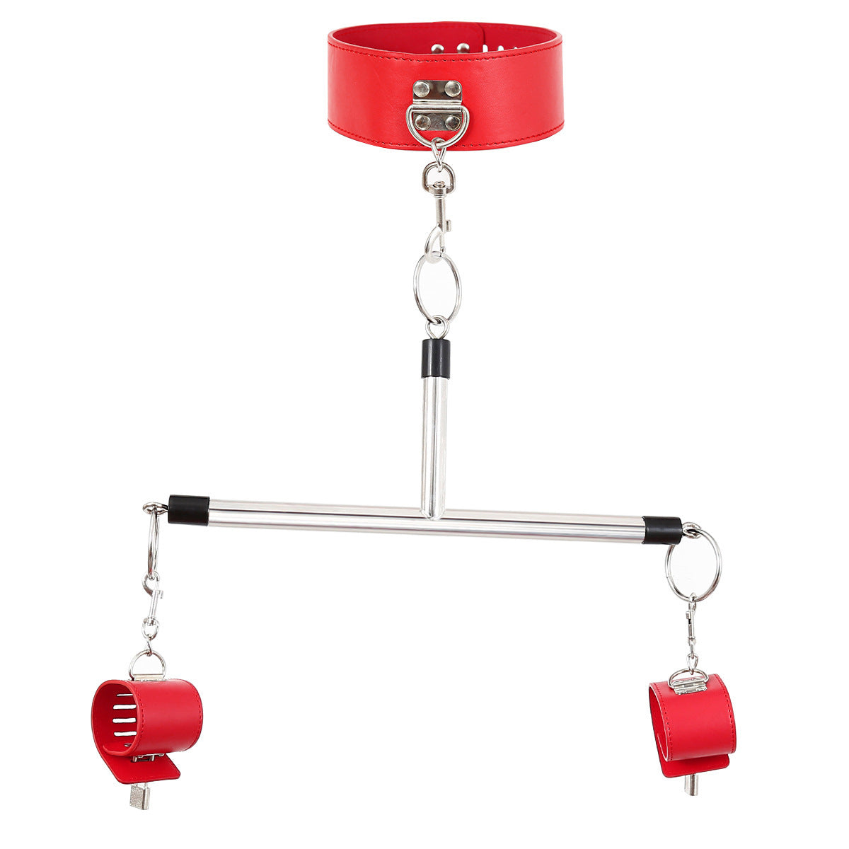 Adjustable PU Leather Collar & Locking Handcuff Spreader Bar Set - Adult Novelty Restraint(red)