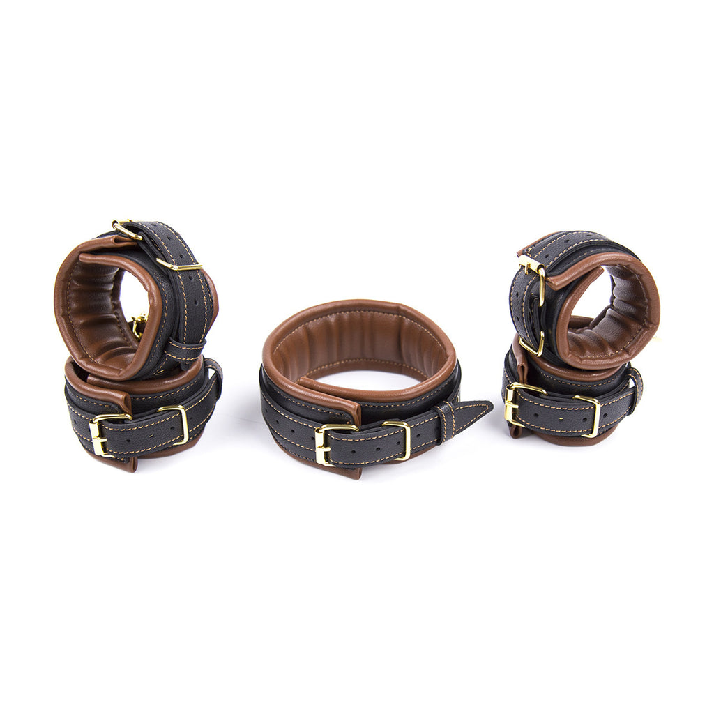 Premium PU Leather Adjustable Padded Collar, Handcuffs & Ankle Cuffs Set with Leash/Connectors(Brown)