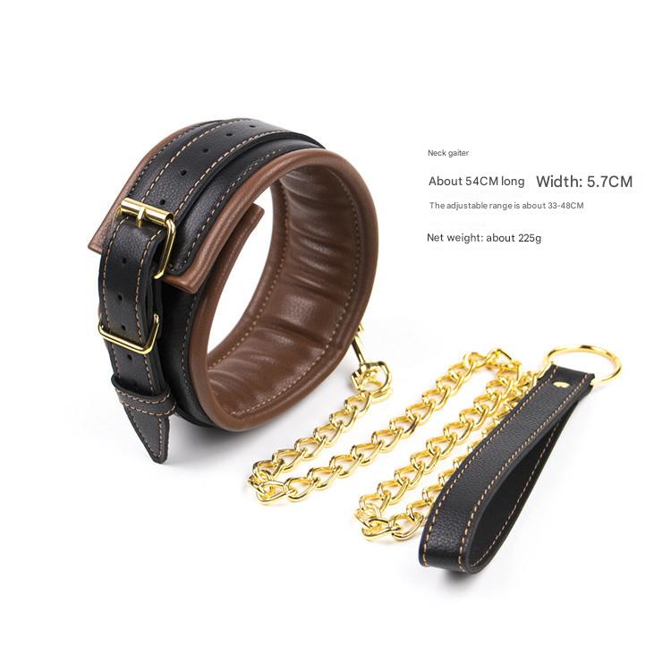 Premium PU Leather Adjustable Padded Collar, Handcuffs & Ankle Cuffs Set with Leash/Connectors(Brown)