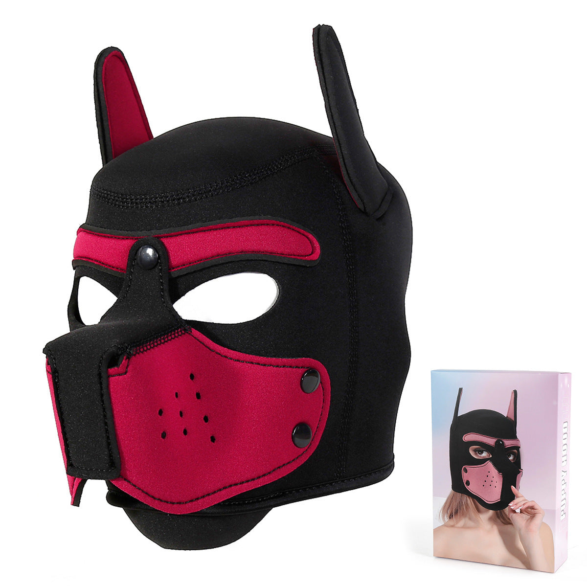 Playful Puppy Hood Mask - Soft Neoprene Full Head Cosplay & SM Accessory(Red)