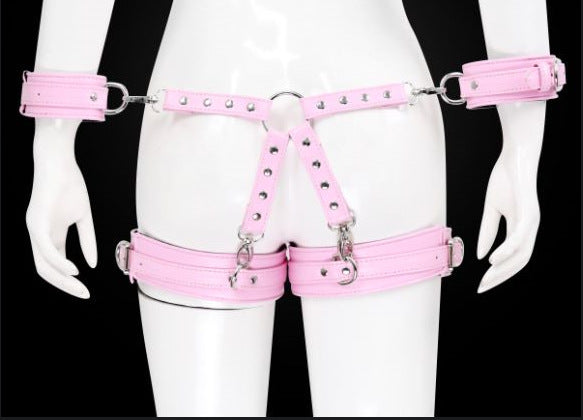 Adjustable PU Leather X-Harness Restraint Set with Cuffs - Playful Bondage Accessory(Pink)