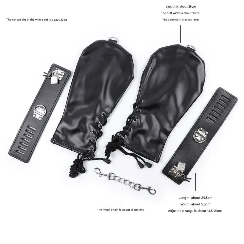 PU Leather Padded Bondage Mitts with Locking Straps & Connecting Chain - Playful Adult Set(Black)