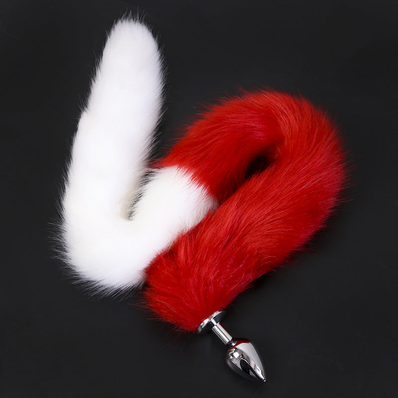 Extra Long Faux Fur Tail with Metal Anal Plug - Playful Cosplay & Adult Novelty Accessory(White and red-large)
