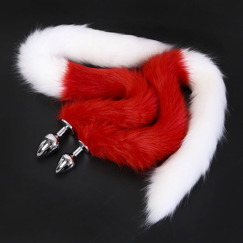 Extra Long Faux Fur Tail with Metal Anal Plug - Playful Cosplay & Adult Novelty Accessory(White and red-large)