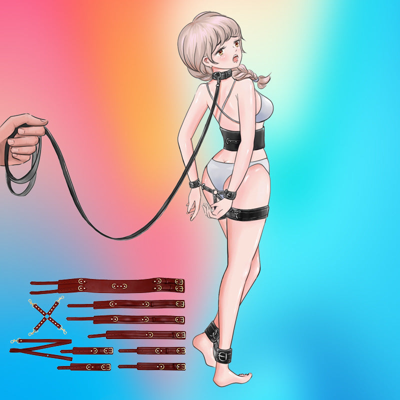 Full Body PU Leather Bondage Restraint Set with Collar, Leash, Cuffs & Harness - Adjustable Adult Play(Coffee)
