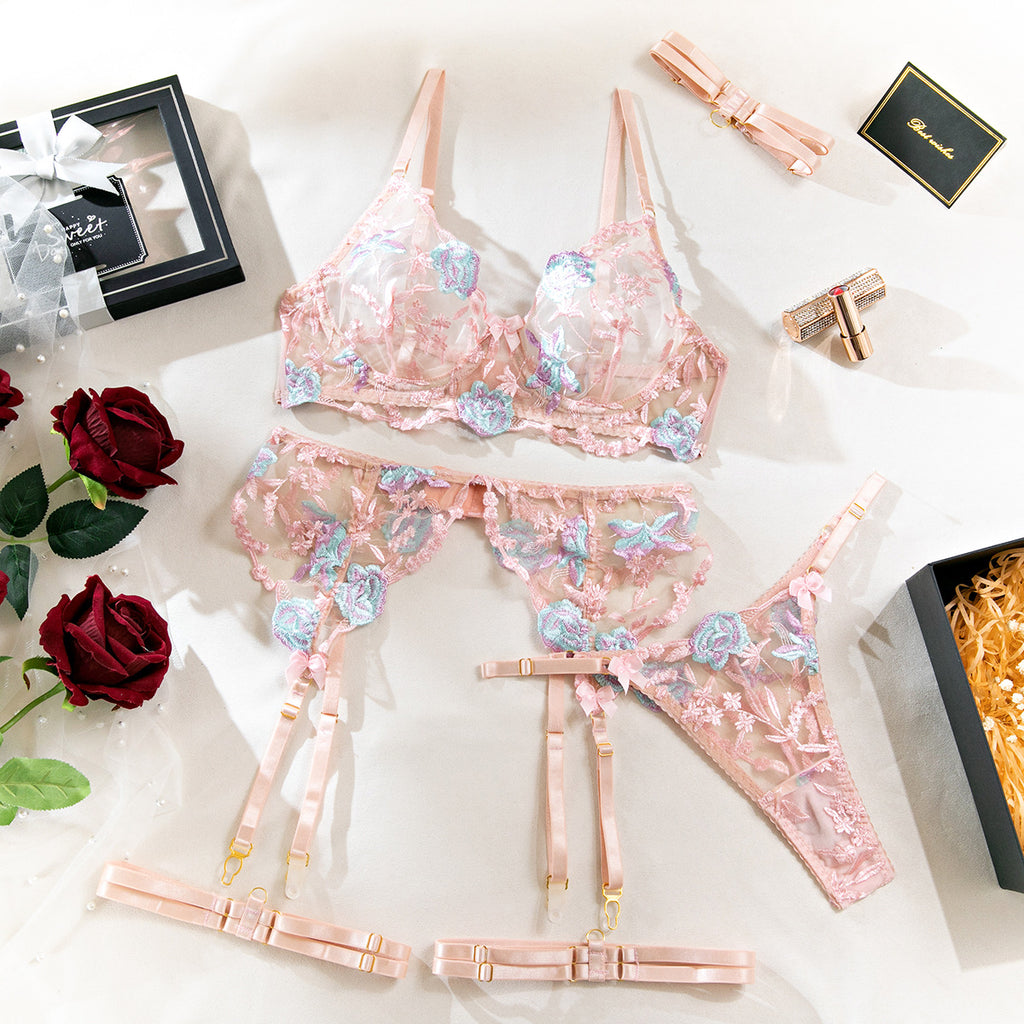 Size S Pink Elegant Floral Embroidered Sheer 5-Piece Lingerie Set - Bra, Thong, Garter Belt, Choker & Thigh Straps