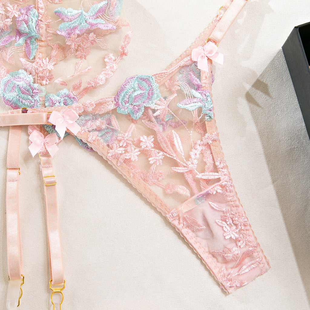 Size S Pink Elegant Floral Embroidered Sheer 5-Piece Lingerie Set - Bra, Thong, Garter Belt, Choker & Thigh Straps