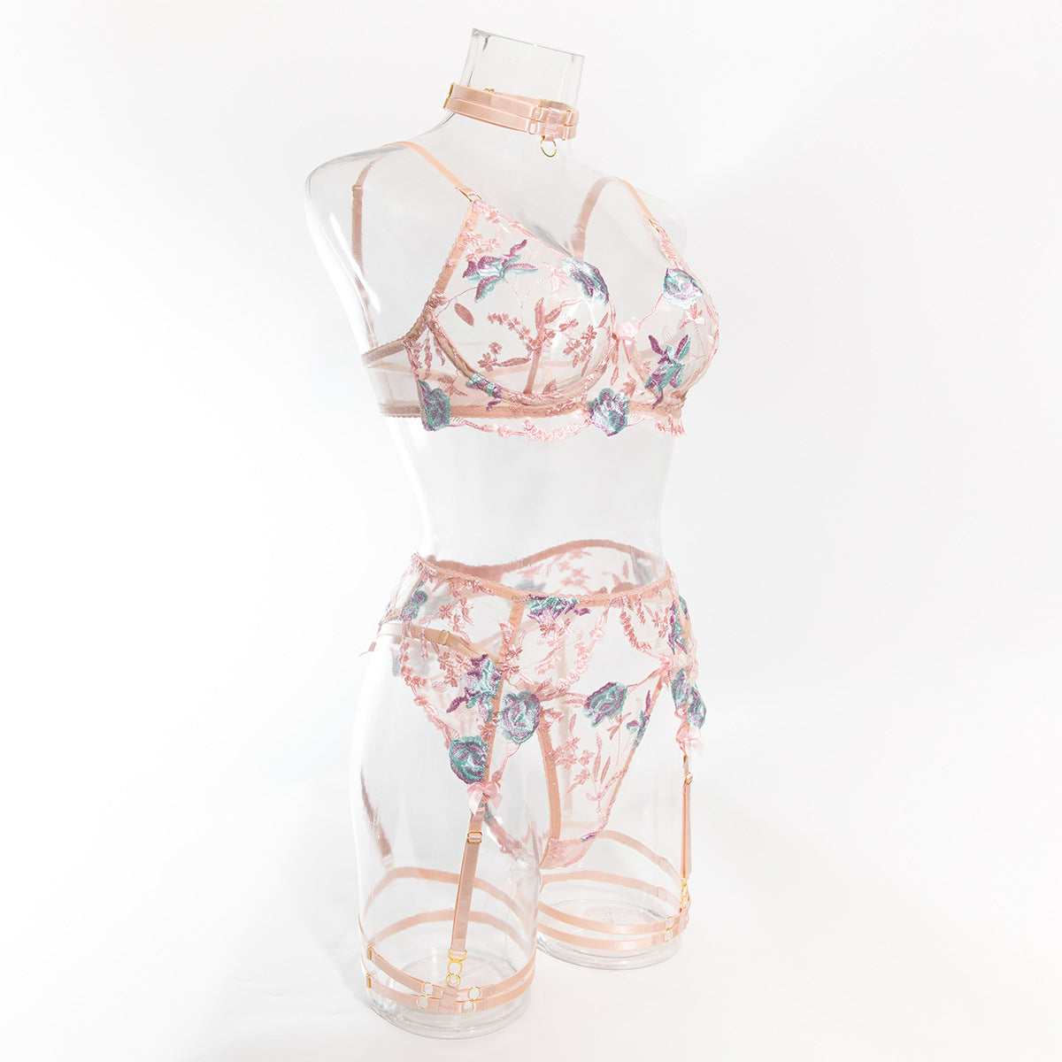 Size L Pink Elegant Floral Embroidered Sheer 5-Piece Lingerie Set - Bra, Thong, Garter Belt, Choker & Thigh Straps
