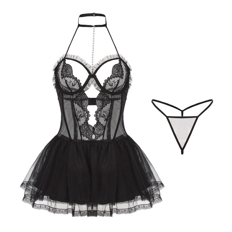 Black Sexy Sheer Lace Nightgown Set - Tempting Lingerie Uniform for Women