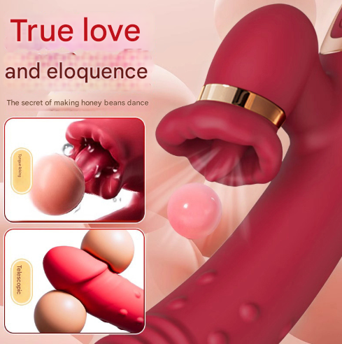 Red Women's Vibrating Wand with Tongue-Licking and Rotating Beads - Telescopic Adult Pleasure Device (23.5 x 3.5cm, 310g)