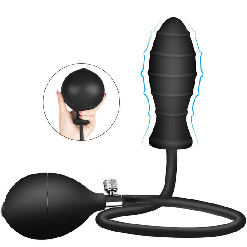 Black Threaded Inflatable Butt Plug - Large Silicone Dilator